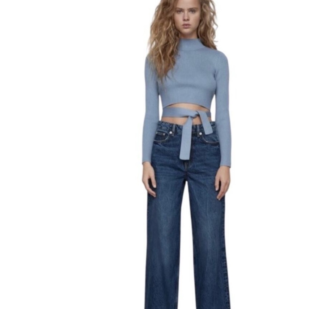 Zara blue ribbed mock neck open back sweater cropped casual turtleneck
